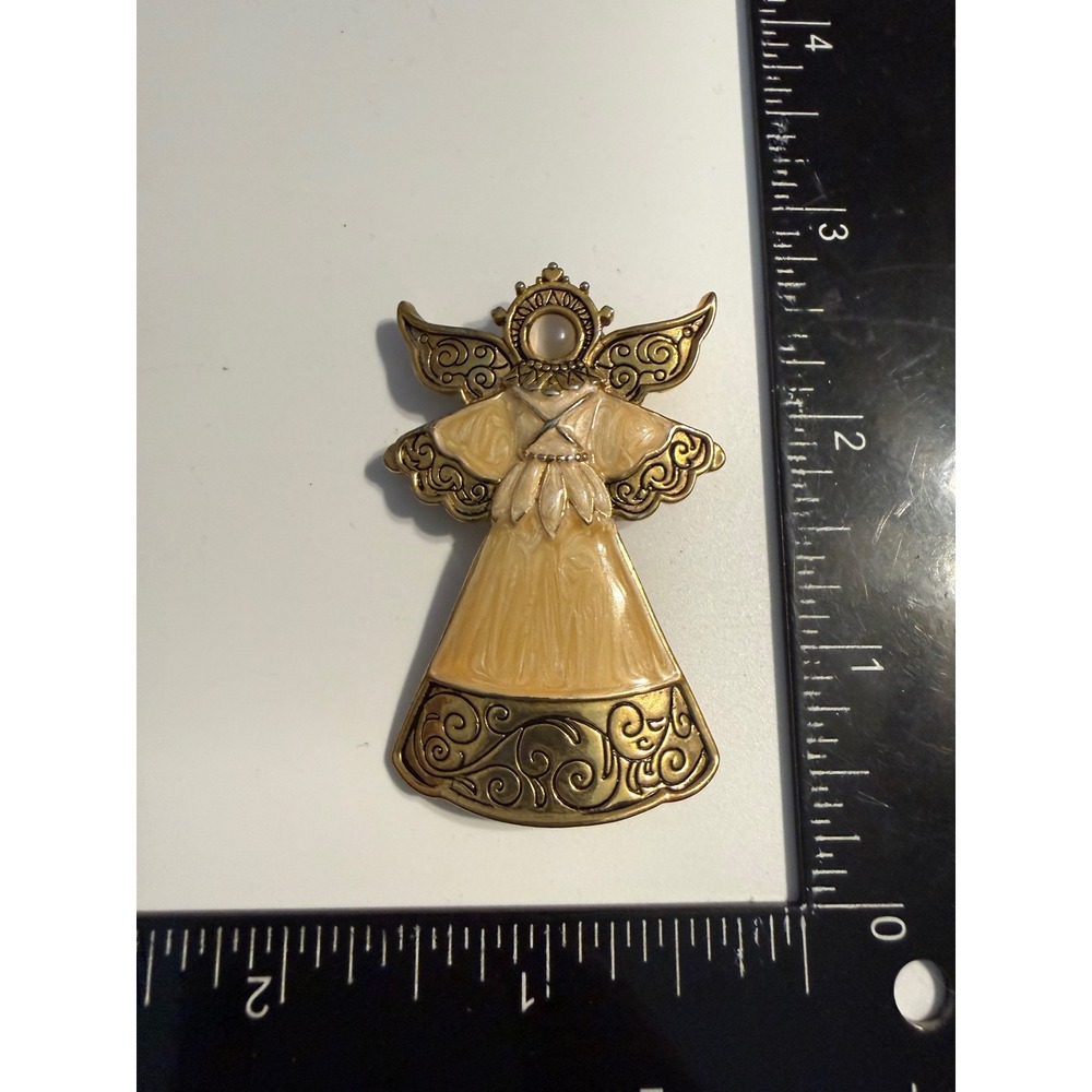 Vintage Gold Tone Angel Brooch‎ Enamel Faux Pearl Celestial Pin 3 Inch